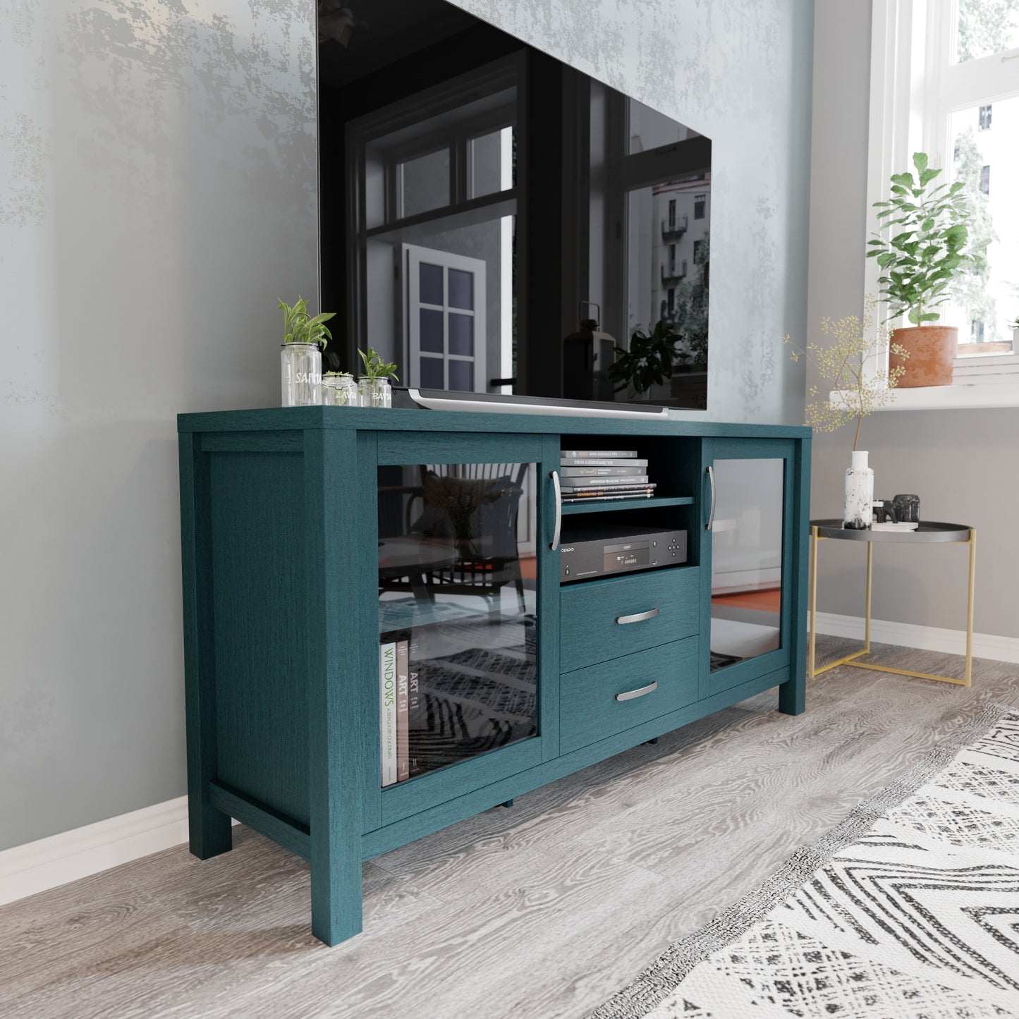 Flash Furniture Dion Teal 59 Inch Modern Kitchen and Dining Room Buffet Sideboard Storage Cabinet; Engineered Wood with 2 Tempered Glass Doors; 2 Drawers; Open Shelf