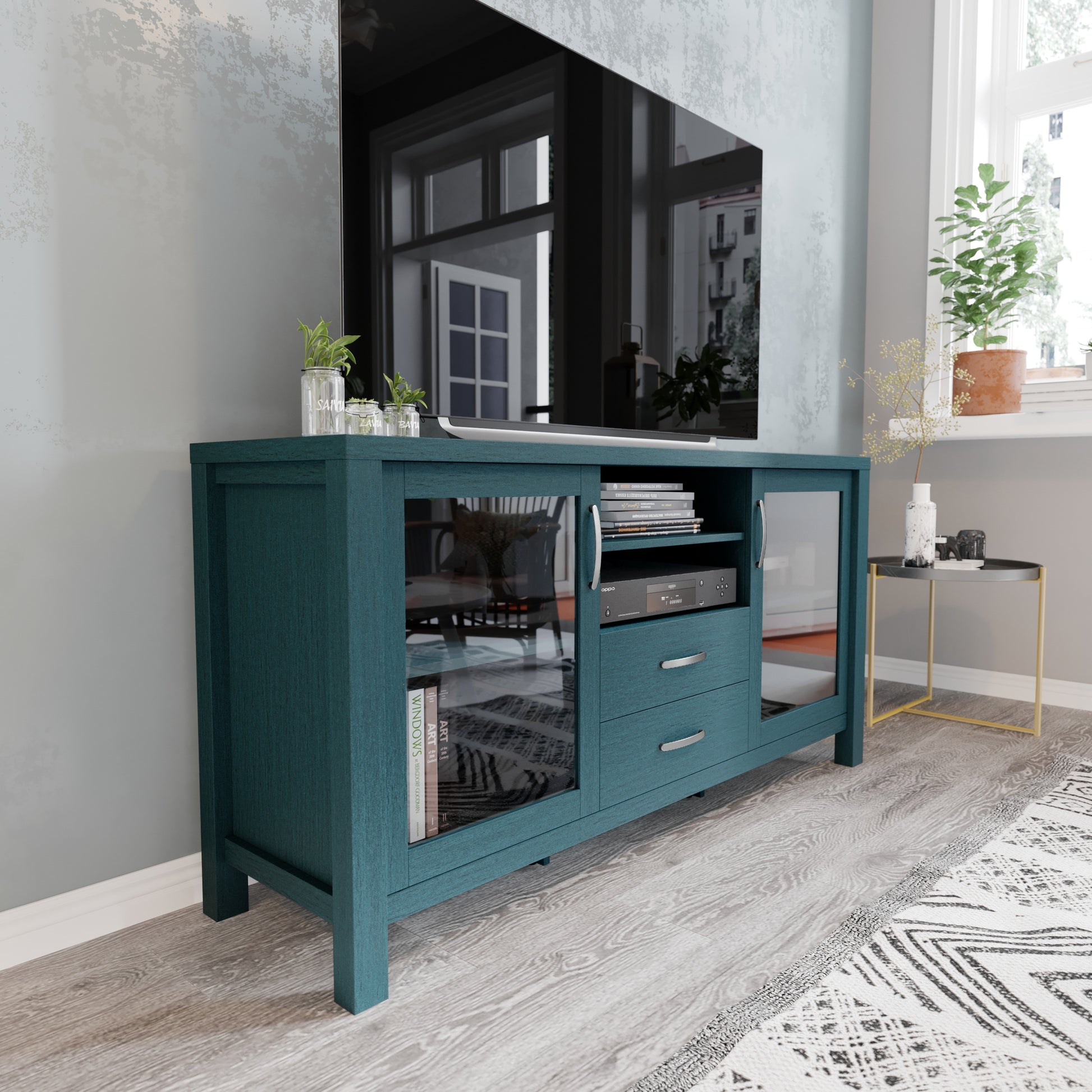Flash Furniture Dion Teal 59 Inch Modern Kitchen and Dining Room Buffet Sideboard Storage Cabinet; Engineered Wood with 2 Tempered Glass Doors; 2 Drawers; Open Shelf