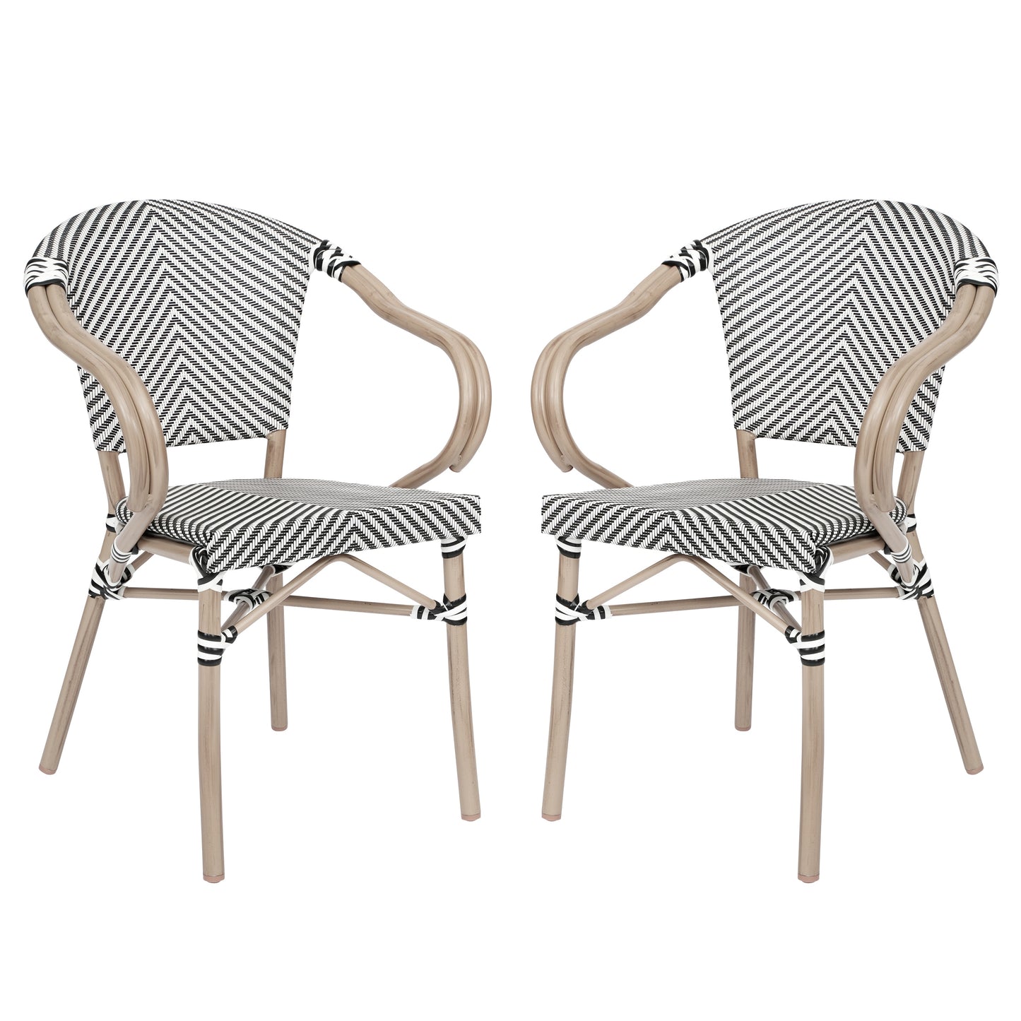 Merrick Lane Mael Set of Two Stacking Thonet Bistro Style Chair with Arms; Black and White Textilene Seat; and Bamboo Metal Frame for Indoor/Outdoor Use