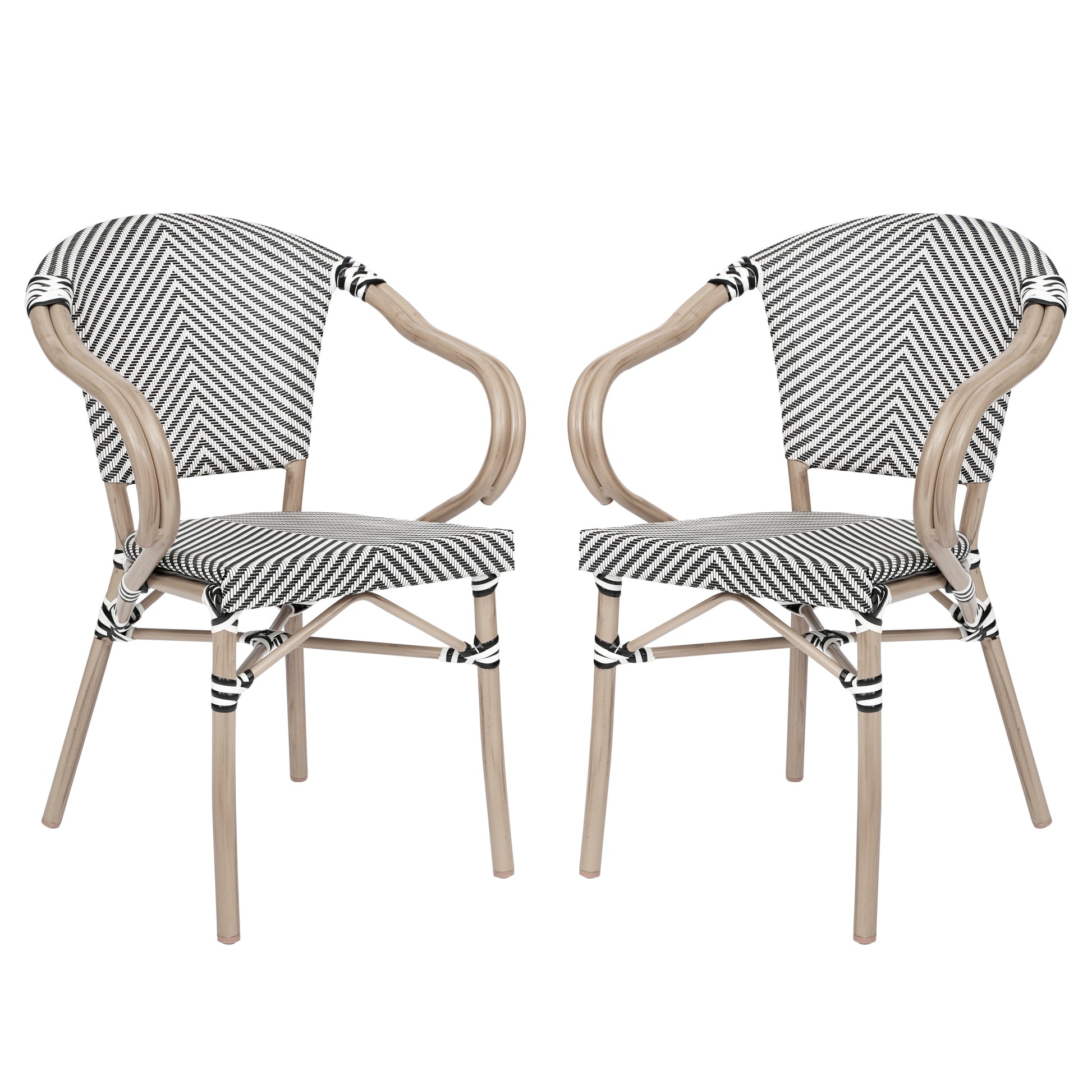 Merrick Lane Mael Set of Two Stacking Thonet Bistro Style Chair with Arms; Black and White Textilene Seat; and Bamboo Metal Frame for Indoor/Outdoor Use
