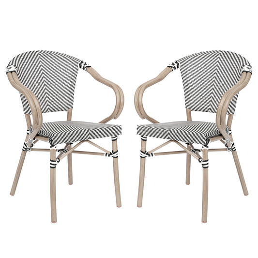 Merrick Lane Mael Set of Two Stacking Thonet Bistro Style Chair with Arms; Black and White Textilene Seat; and Bamboo Metal Frame for Indoor/Outdoor Use