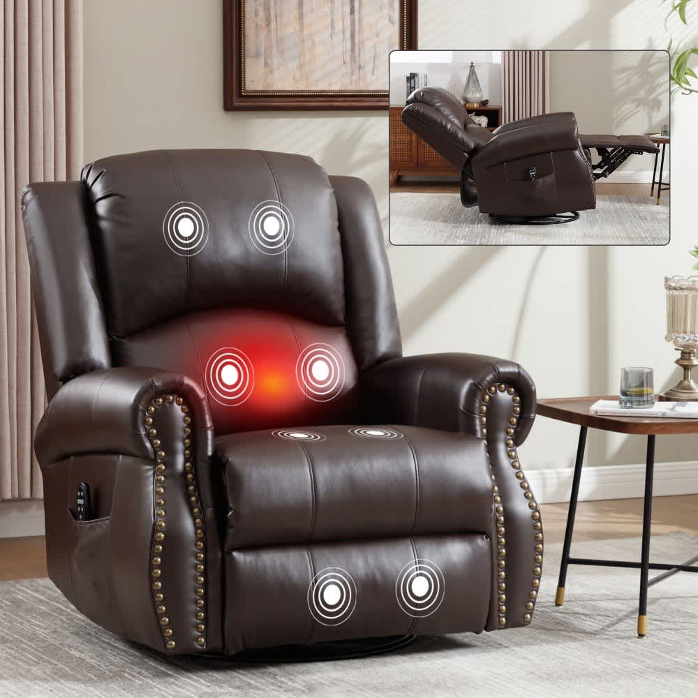 Coolbibila Brown Faux Leather Upholstered Manual Swivel Recliner Chair with Heat Massage Rocker for Living Room
