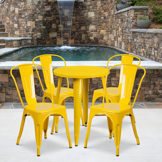 Flash Furniture Chauncey Commercial Grade 24-in Round Yellow Metal Indoor-Outdoor Table Set with 4 Cafe Chairs
