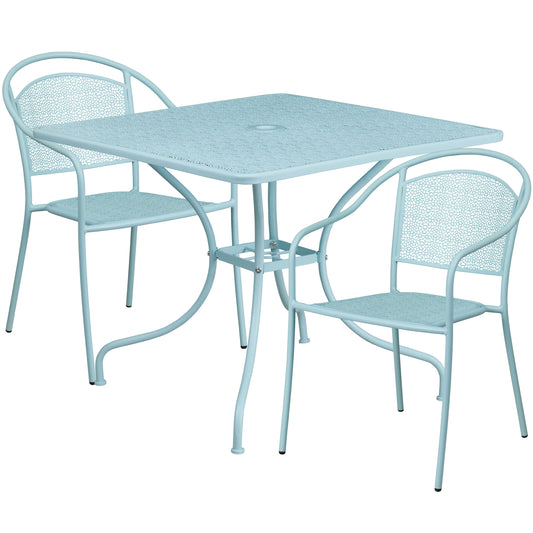 Flash Furniture Oia Commercial Grade 35.5-in Square Sky Blue Indoor-Outdoor Steel Patio Table Set with 2 Round Back Chairs