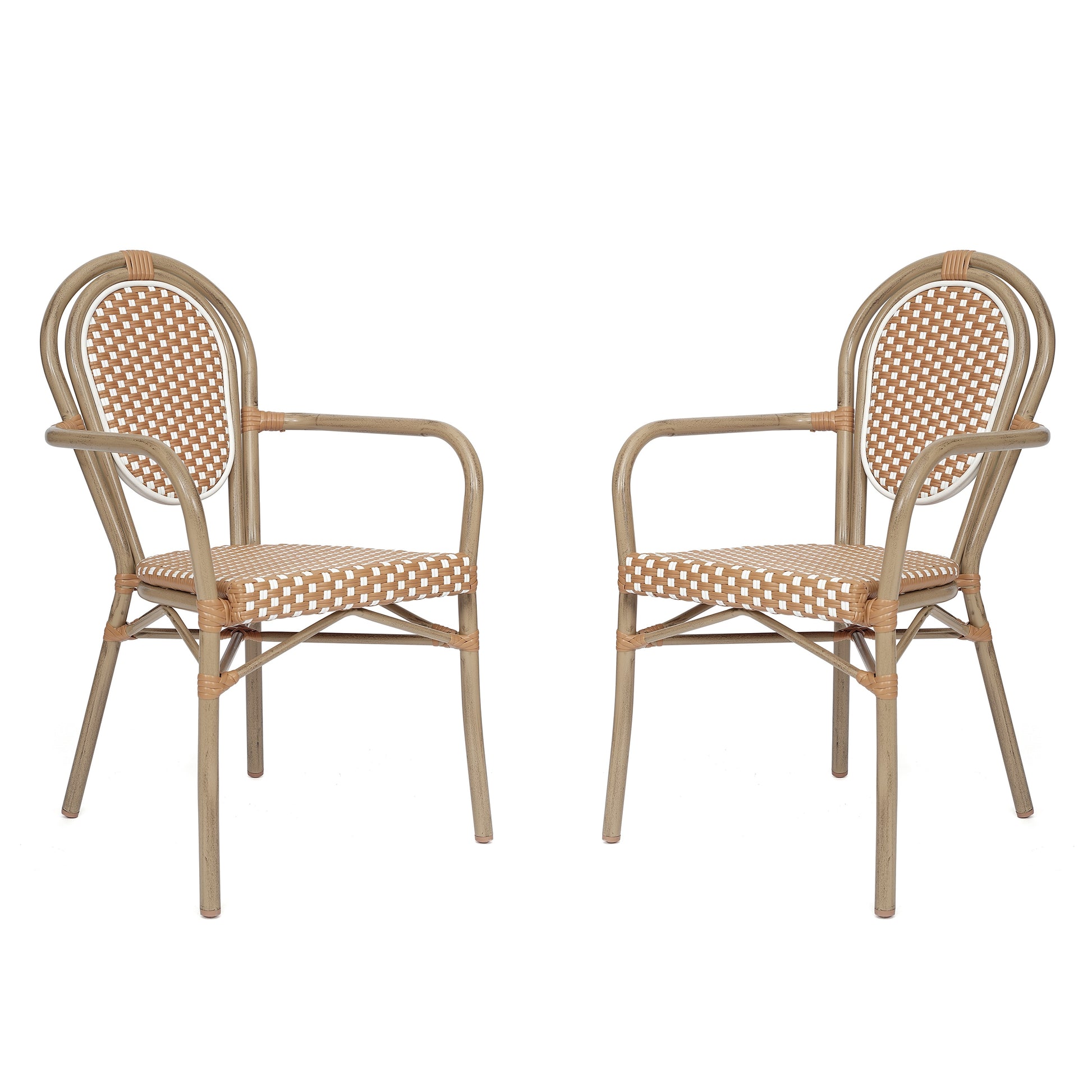 Merrick Lane Celia Set of Two Stacking Thonet Bistro Style Chair with Arms; Natural and White PE Rattan Seat; and Lt Bamboo Metal Frame for Indoor/Outdoor Use