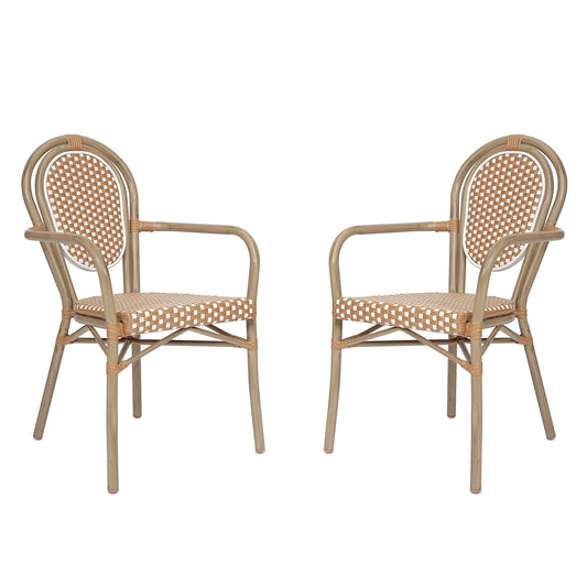 Merrick Lane Celia Set of Two Stacking Thonet Bistro Style Chair with Arms; Natural and White PE Rattan Seat; and Lt Bamboo Metal Frame for Indoor/Outdoor Use
