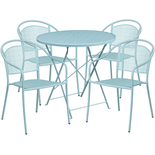 Flash Furniture Oia Commercial Grade 30-in Round Sky Blue Indoor-Outdoor Steel Folding Patio Table Set with 4 Round Back Chairs