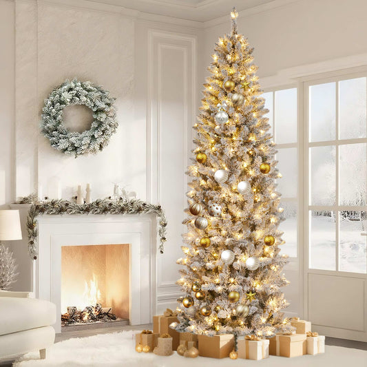 Qeetex 12ft Pencil Artificial Christmas Tree with LED Lights Mixed PVC Flocked Slim Prelit Tree Easy Assembly Indoor Outdoor Holiday Decoration