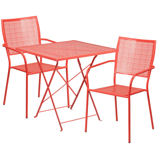 Emma + Oliver Commercial Grade 28-in Square Coral Folding Patio Table Set-2 Square Back Chairs