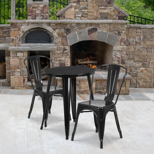 Emma + Oliver Commercial 24-in Round Black Metal Indoor-Outdoor Table Set with 2 Cafe Chairs