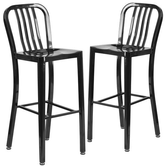 Flash Furniture Gael Commercial Grade 2 Pack 30-in High Black Metal Indoor-Outdoor Barstool with Vertical Slat Back