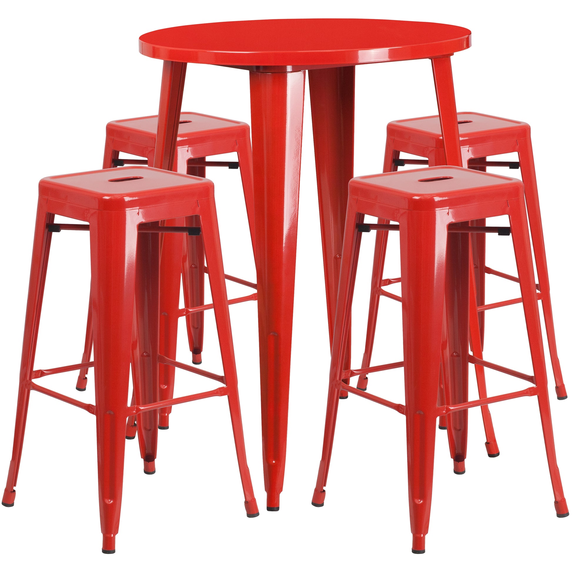 Emma + Oliver Commercial Grade 30-in Round Red Metal Bar Table Set-4 Square Seat Backless Stools