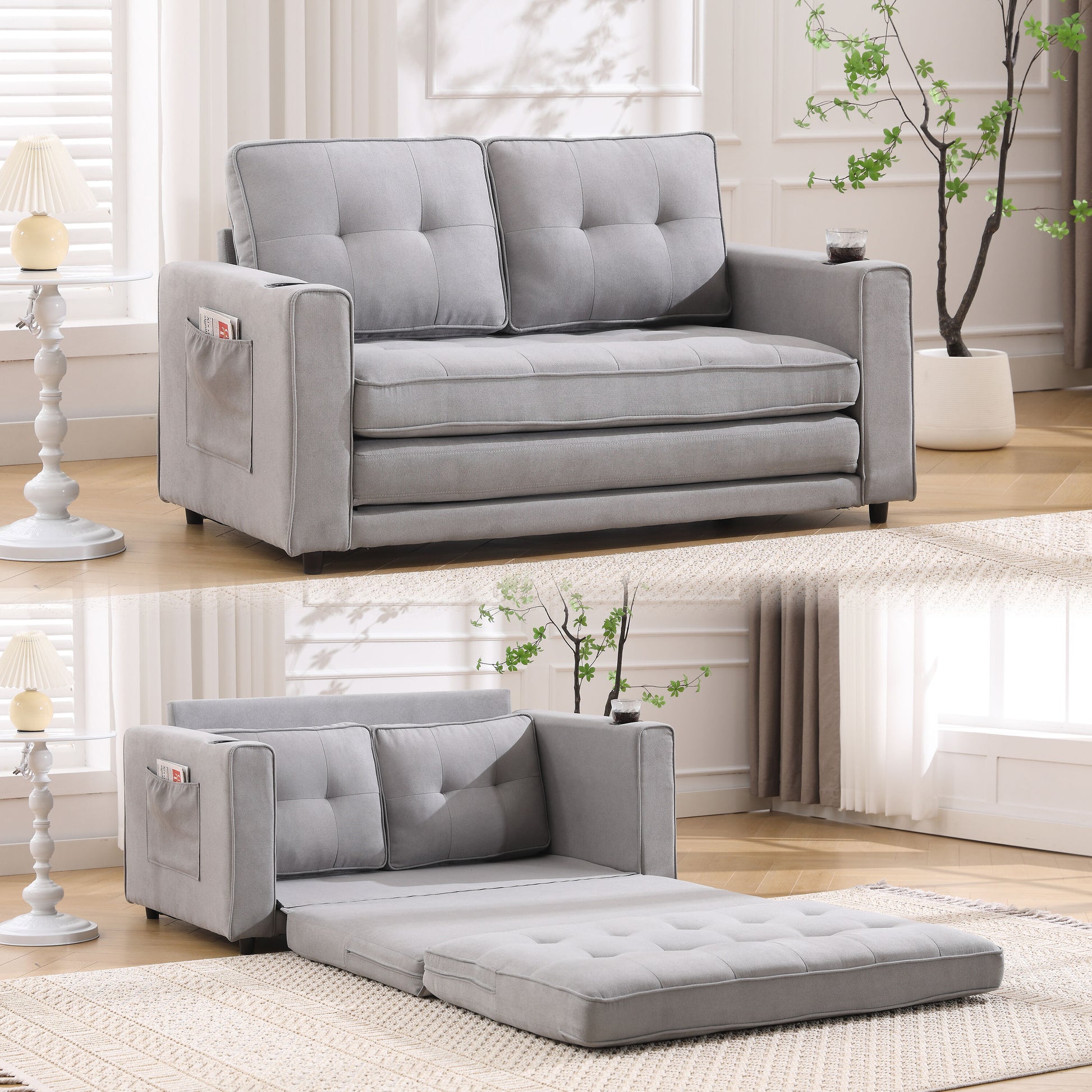 LOVMOR 3in1 Upholstered Futon Sofa Convertible Sofa bed Foldable Tufted Loveseat with Pull Out Sleeper Couch Bed Folding Mattres Love Seat Daybed WSide Pockets and Cup Holder Light Gray