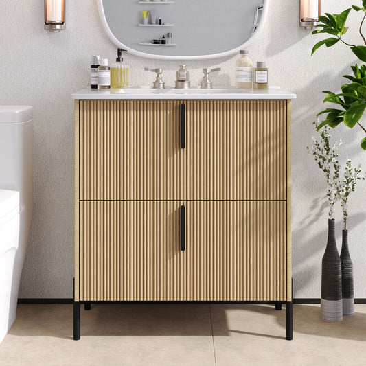Tatayosi 30 Inch Natural Finish Bathroom Vanity with Ceramic Sink and Fluted Design Two Full Extension Drawers Soft Close Storage Cabinet
