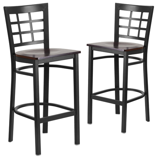 Emma + Oliver 2 Pack Black Window Back Metal Restaurant Barstool - Walnut Wood Seat