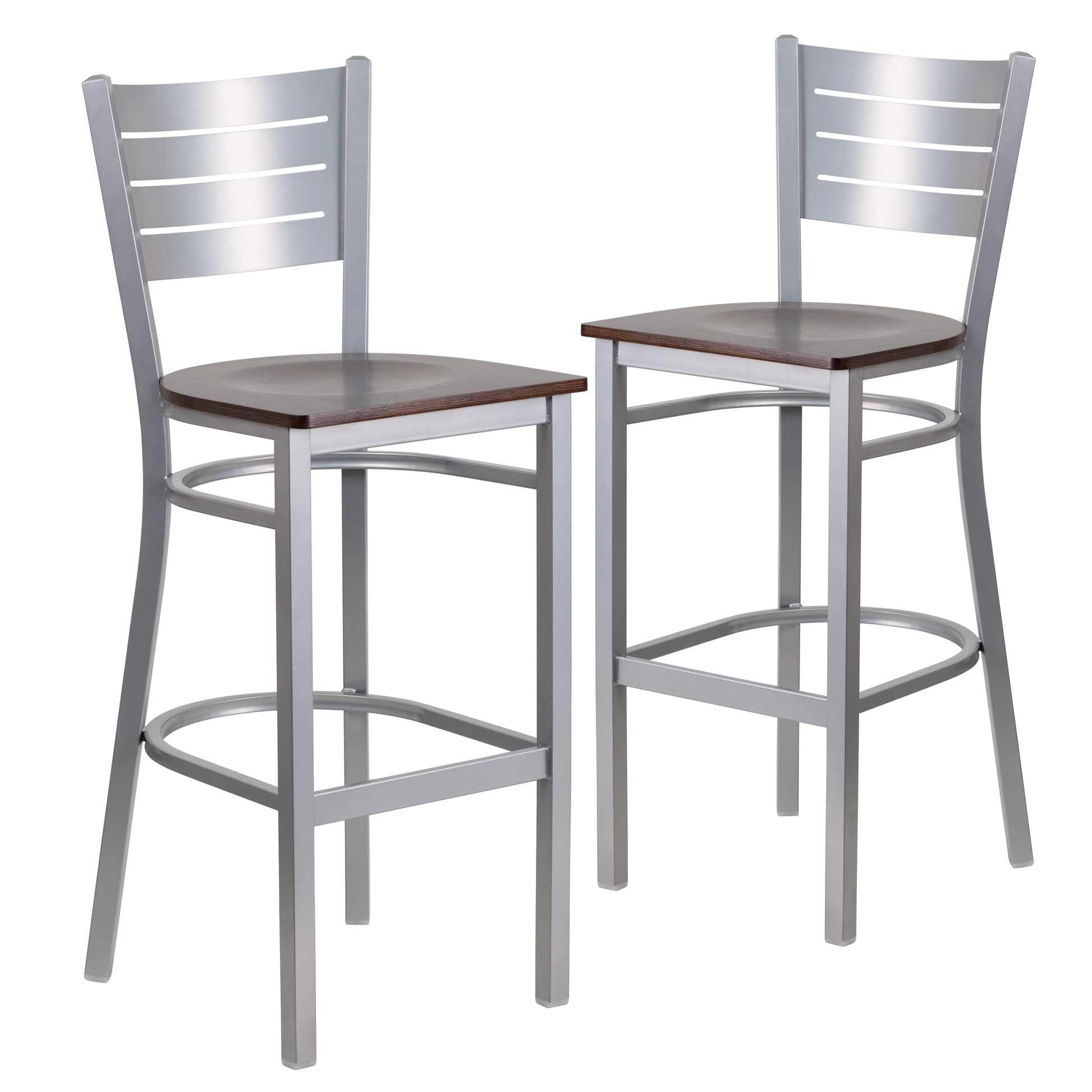 Flash Furniture 2 Pk. HERCULES Series Silver Slat Back Metal Restaurant Barstool - Walnut Wood Seat