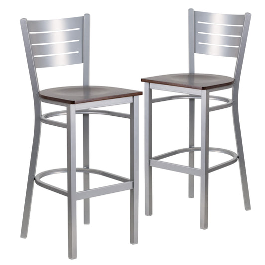 Flash Furniture 2 Pk. HERCULES Series Silver Slat Back Metal Restaurant Barstool - Walnut Wood Seat