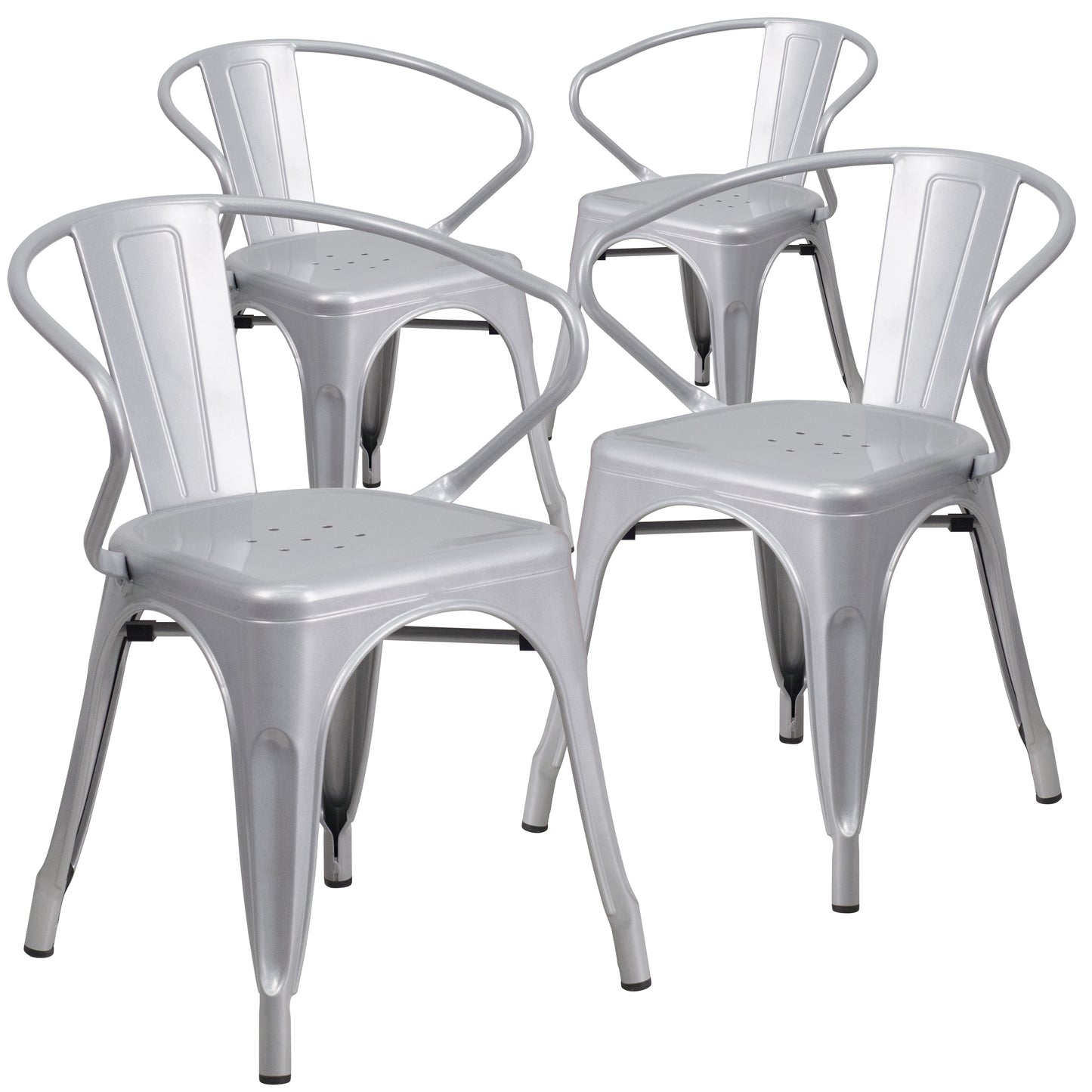 Flash Furniture Roy Commercial Grade 4 Pack Silver Metal Indoor-Outdoor Chair with Arms