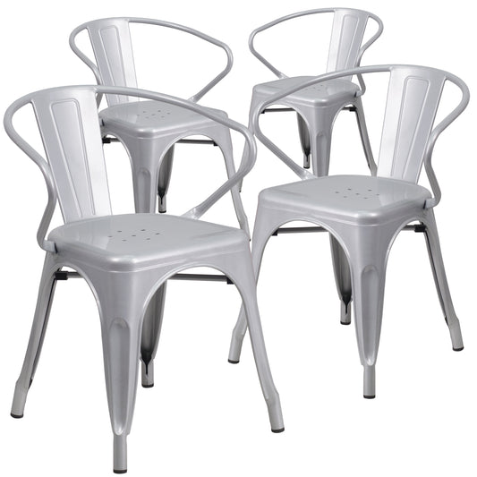 Flash Furniture Roy Commercial Grade 4 Pack Silver Metal Indoor-Outdoor Chair with Arms