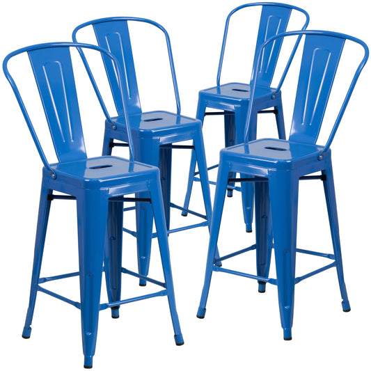 Emma + Oliver 4 Pack 24-in High Blue Metal Indoor-Outdoor Counter Height Stool with Back