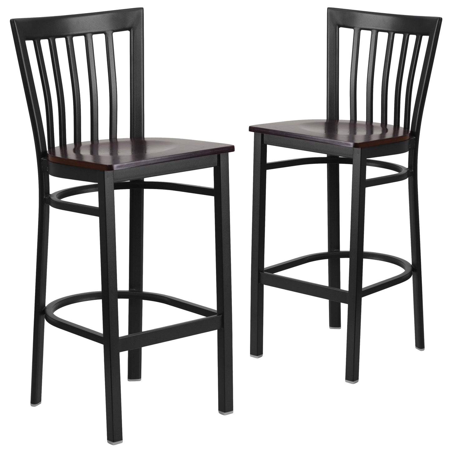 Emma + Oliver 2 Pack Black School House Back Metal Restaurant Barstool - Walnut Wood Seat