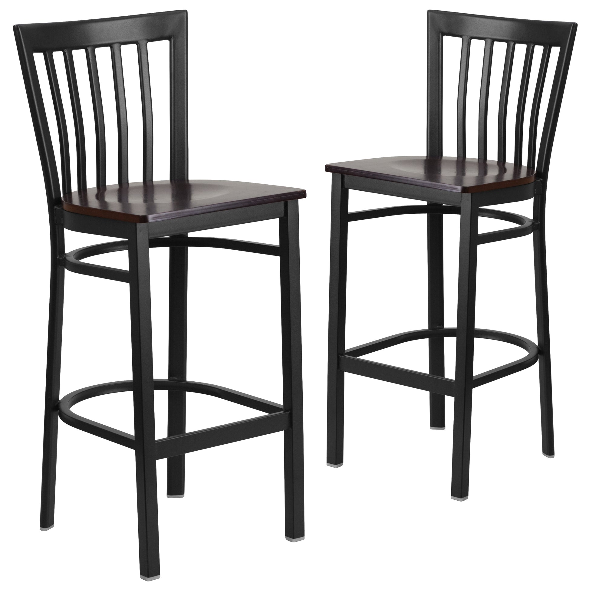 Emma + Oliver 2 Pack Black School House Back Metal Restaurant Barstool - Walnut Wood Seat