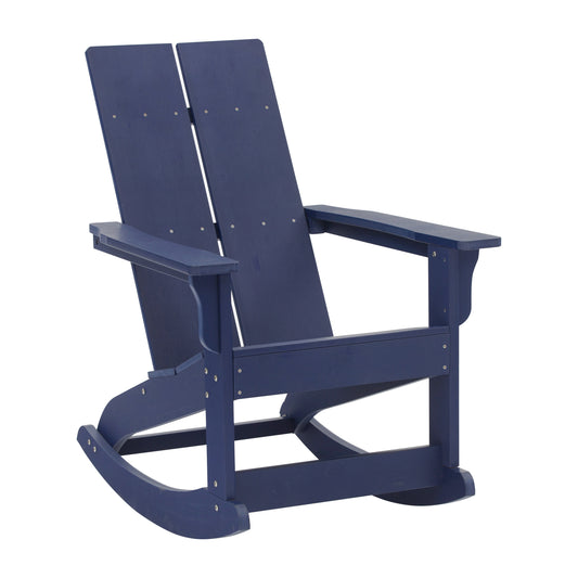 Flash Furniture Finn Modern Commercial Grade All-Weather 2-Slat Poly Resin Wood Rocking Adirondack Chair with Rust Resistant Stainless Steel Hardware in Navy