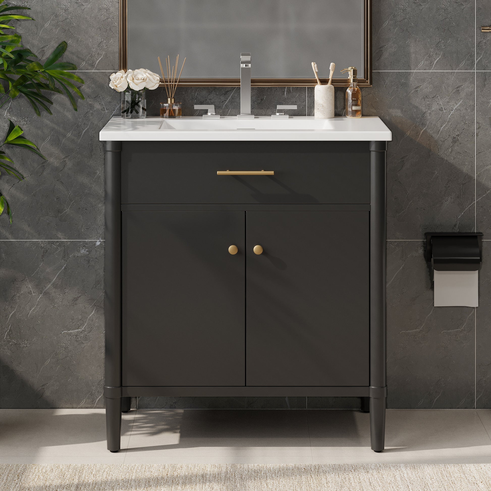 Tatayosi 31 Inch Black Bathroom Vanity with Ceramic Sink and Soft Close Doors Adjustable Shelf Storage Cabinet with Curved Profile and Rubber Wood Legs