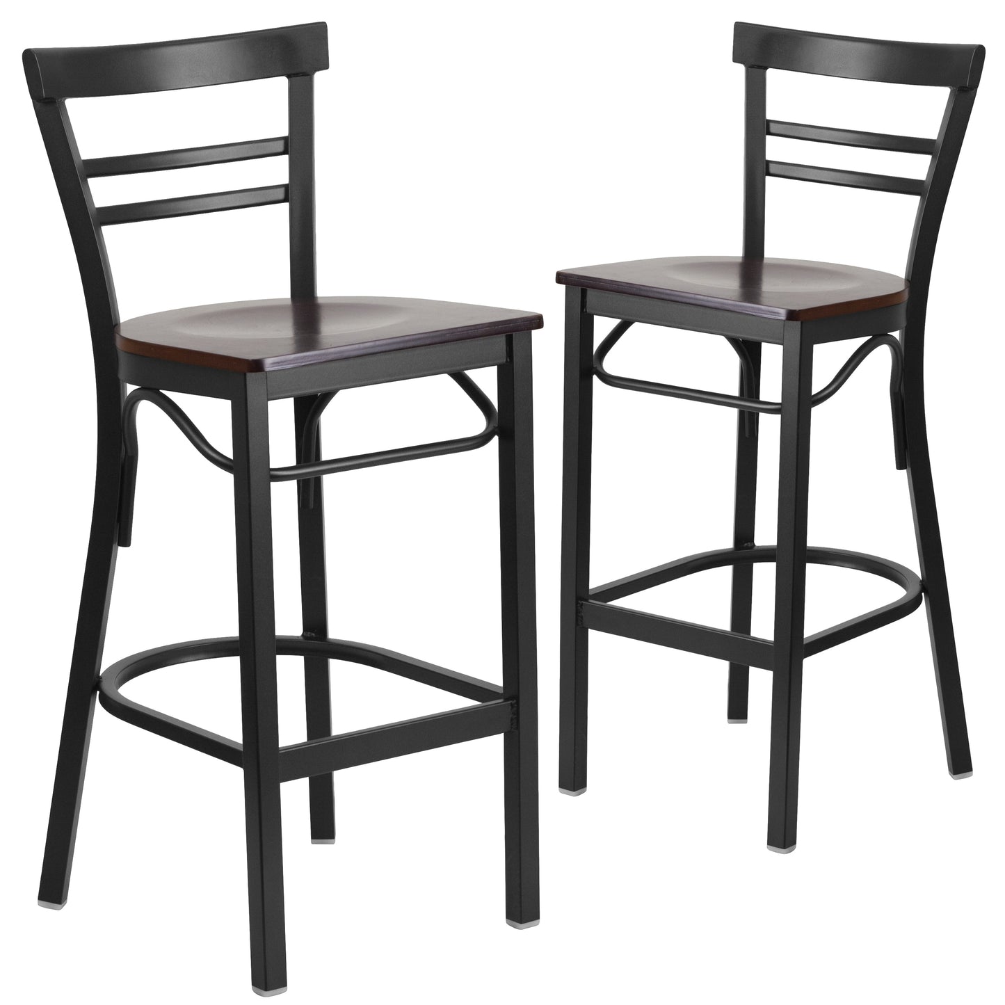 Flash Furniture 2 Pk. HERCULES Series Black Two-Slat Ladder Back Metal Restaurant Barstool - Walnut Wood Seat