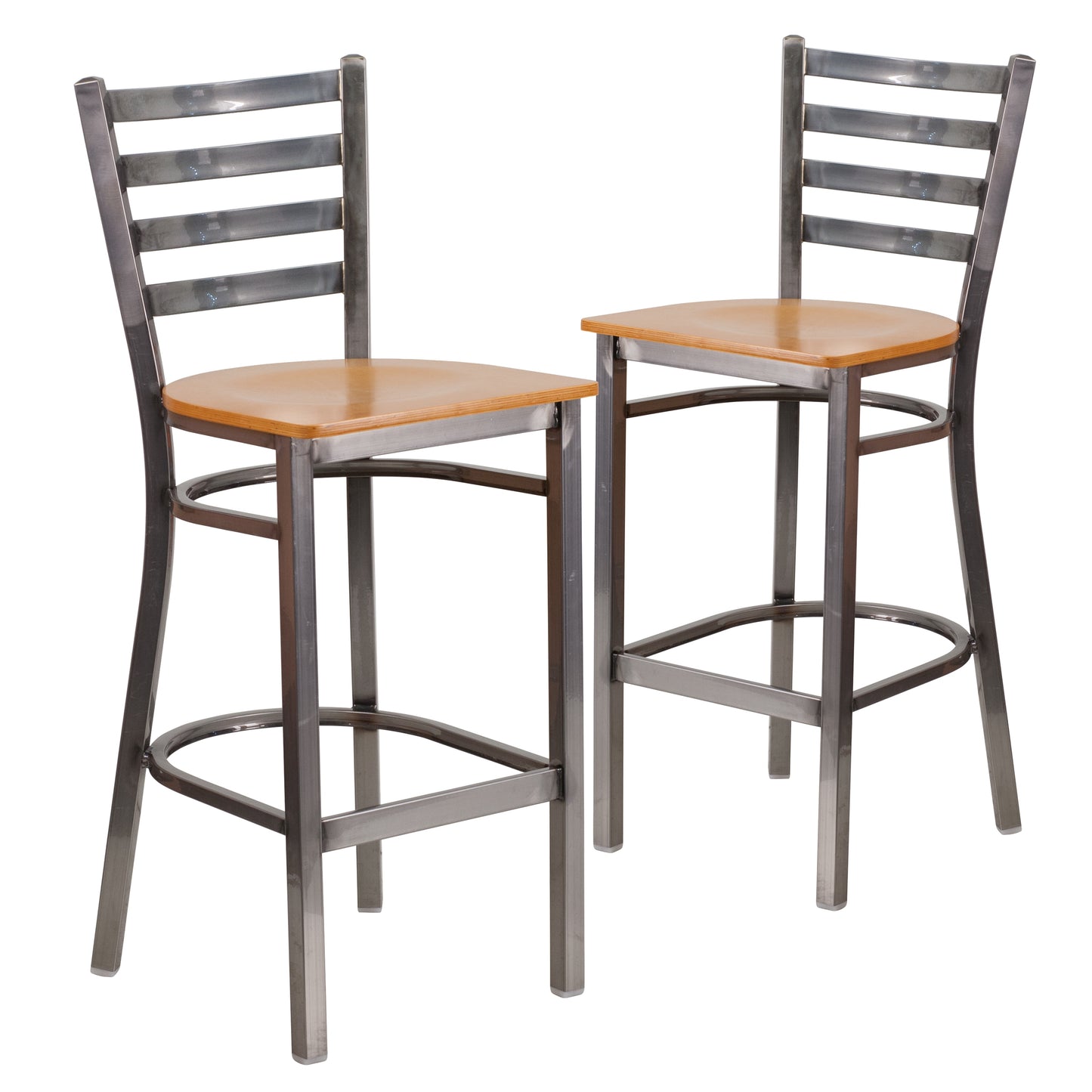 Emma + Oliver 2 Pack Clear Coated Ladder Back Metal Restaurant Barstool - Natural Wood Seat