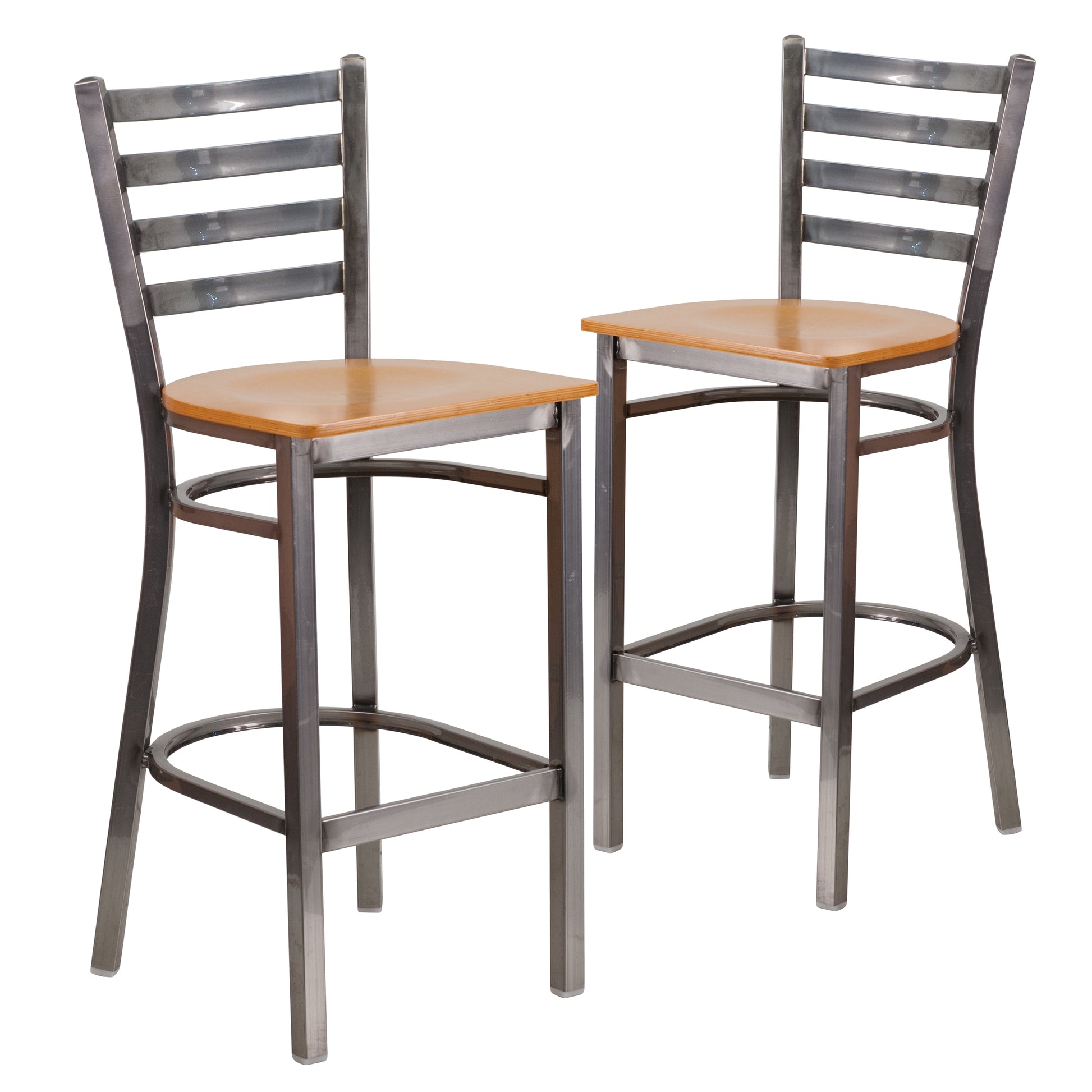 Emma + Oliver 2 Pack Clear Coated Ladder Back Metal Restaurant Barstool - Natural Wood Seat