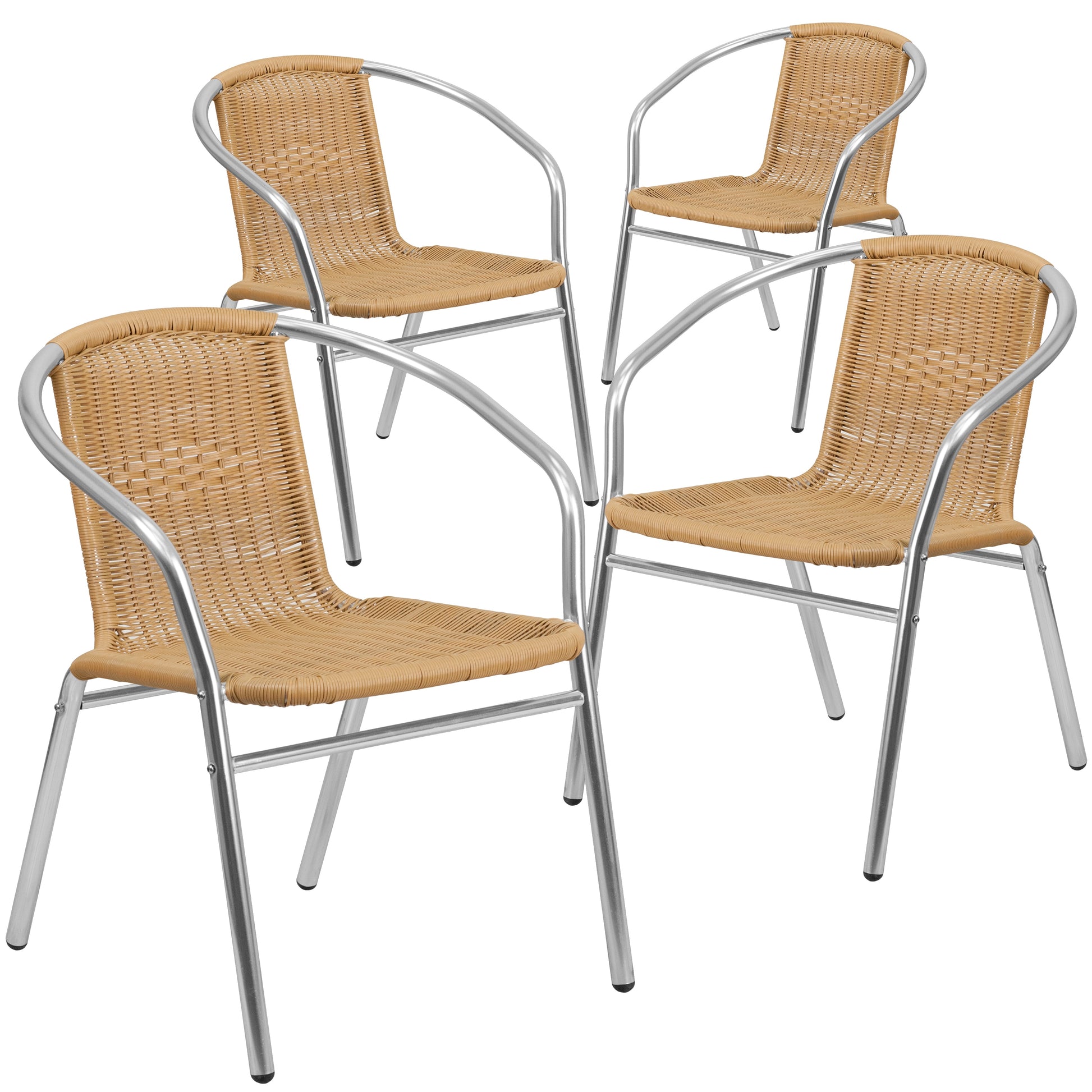 Emma + Oliver 4 Pack Commercial Aluminum and Beige Rattan Indoor-Outdoor Restaurant Stack Chair
