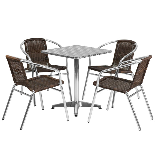 Emma + Oliver 23.5-in Square Aluminum Table Set-4 Dark Brown Rattan Chairs