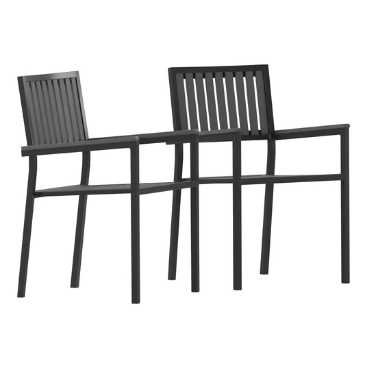 Merrick Lane Hilda Set of 2 Indoor/Outdoor Black Poly Resin Stacking Club Chairs with Slatted Backs and Seats