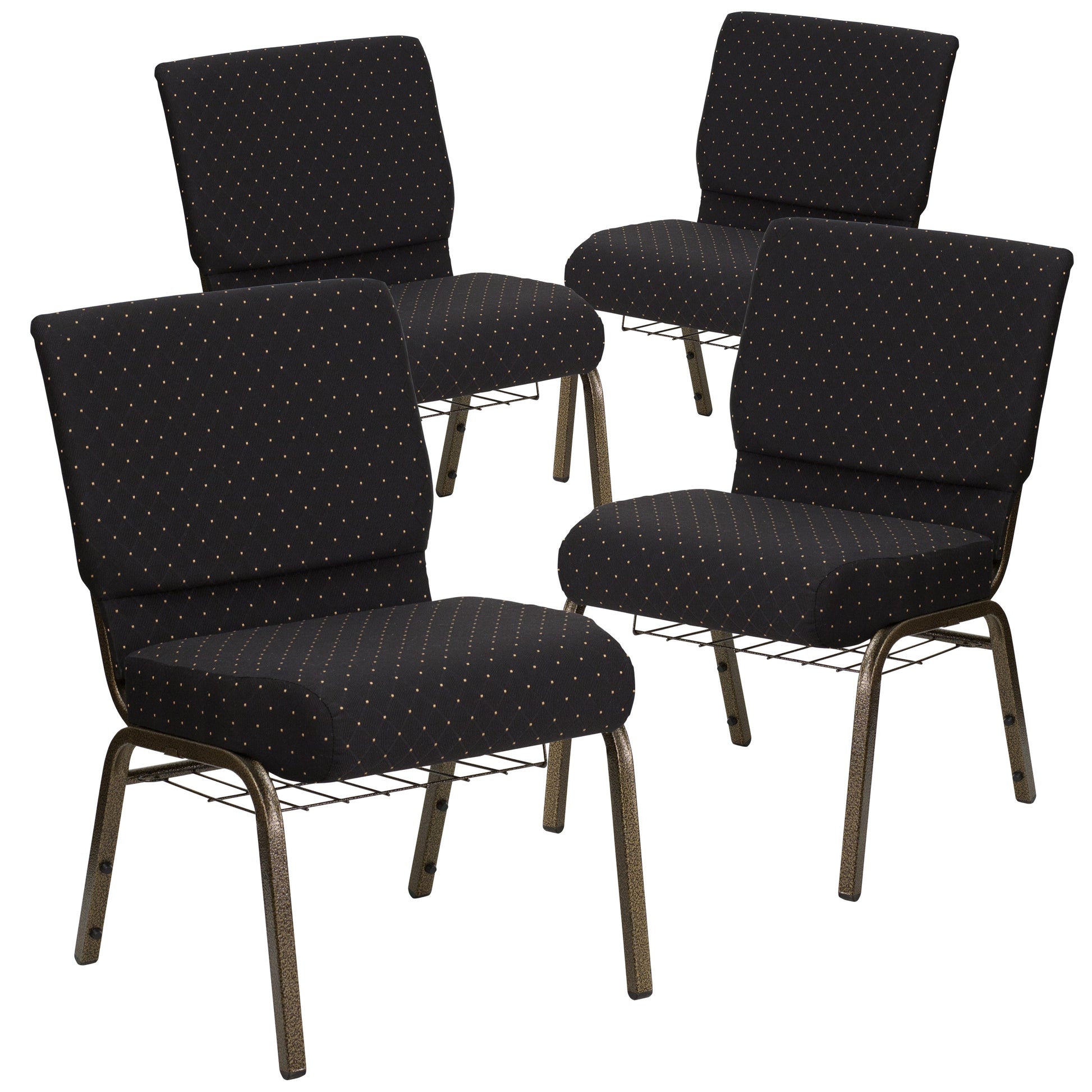Emma + Oliver 4 Pack 21-in W Church Chair in Black Dot Patterned Fabric - Cup Book Rack - Gold Frame