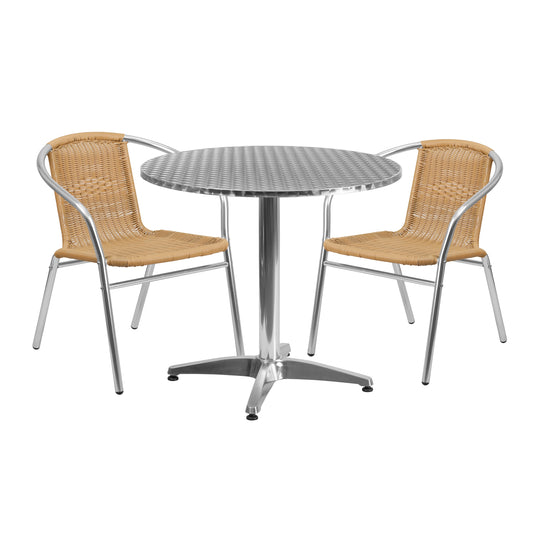 Flash Furniture Lila 31.5-in Round Aluminum Indoor-Outdoor Table Set with 2 Beige Rattan Chairs
