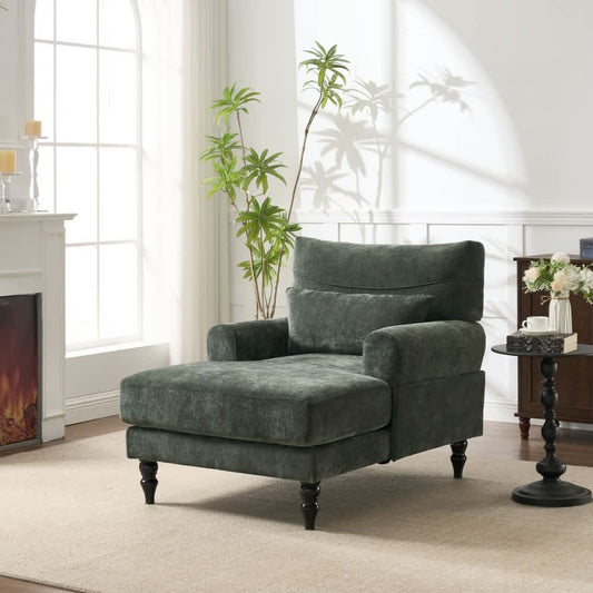 Coolbibila Modern Green Upholstered Chaise Lounge Recliner with Cushion and Solid Wood Frame for Living Room