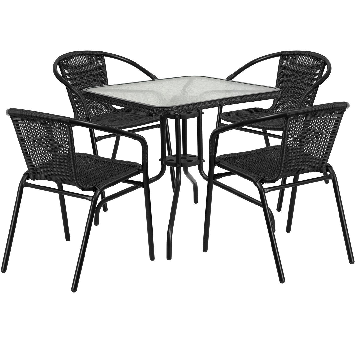 Flash Furniture Lila 28-in Square Glass Metal Table with Black Rattan Edging and 4 Black Rattan Stack Chairs