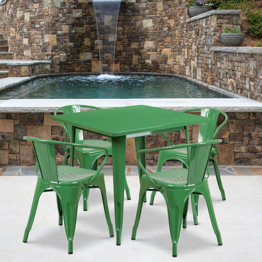 Emma + Oliver Commercial Grade 31.5-in Square Green Metal Indoor-Outdoor Table Set-4 Arm Chairs