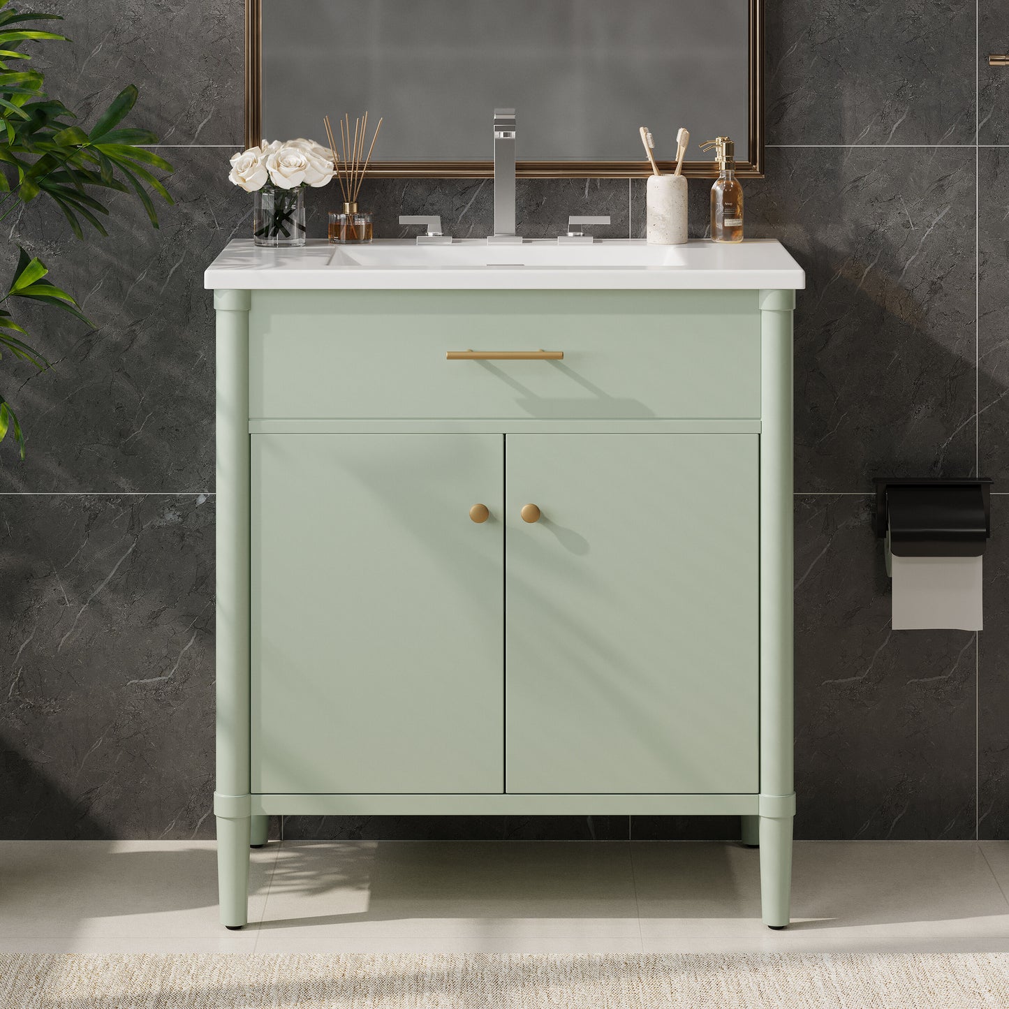 Christopher Knight Home 31 inches Green Bathroom Vanity with Sink with Soft Close Doors and Adjustable Shelf
