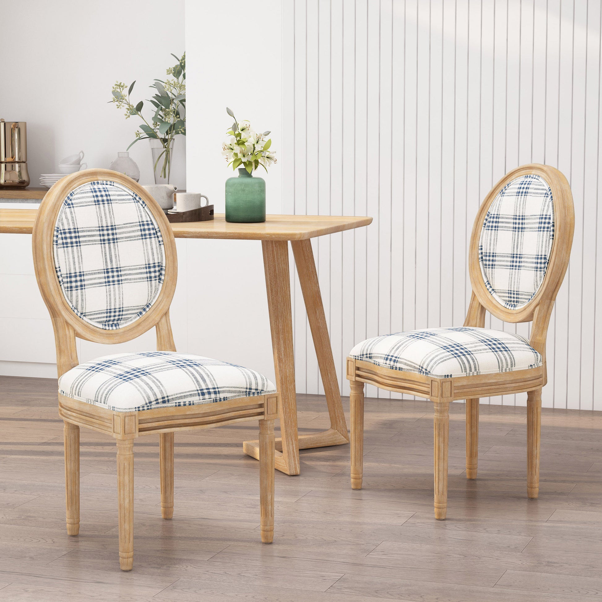Christopher Knight Home Phinnaeus French Country Fabric Dining Chairs Set of 2 Dark Blue Plaid and Light Beige