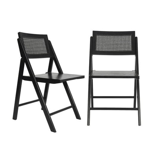 Flash Furniture Galene Set of 2 Cane Rattan Folding Chairs with Solid Wood Frame and Seat and Ventilated Back; Perfect for Events or Additional Seating; Natural/Black