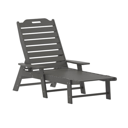 Merrick Lane Gaylord Set of 2 Adjustable Adirondack Loungers with Cup Holders- All-Weather Indoor/Outdoor HDPE Lounge Chairs in Gray