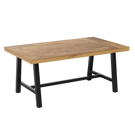 Flash Furniture Rafe Commercial Grade Acacia Wood Dining Table with Metal Base; Indoor/Outdoor Rectangle Patio Table with Plank Style Table Top; Natural/Black
