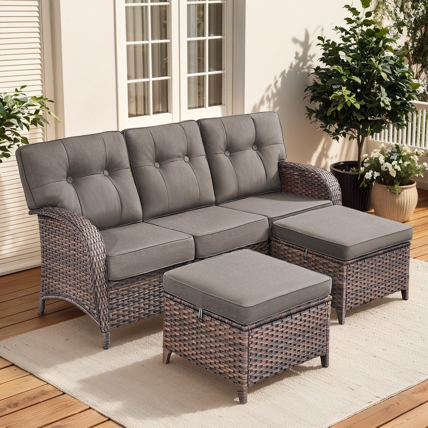 Pocassy Outdoor Conversation Set 3 -Piece Wicker Patio Sofa Conversation Set with Gray Cushions