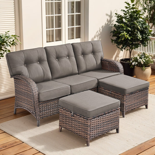 Pocassy Outdoor Conversation Set 3 -Piece Wicker Patio Sofa Conversation Set with Gray Cushions