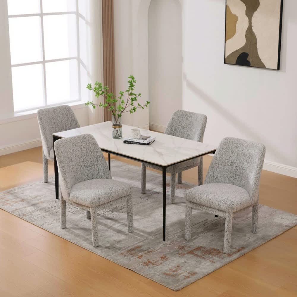 Coolbibila Set of 4 White Black Armless Chenille Upholstered Dining Chairs with Rubberwood Legs for Dining Room