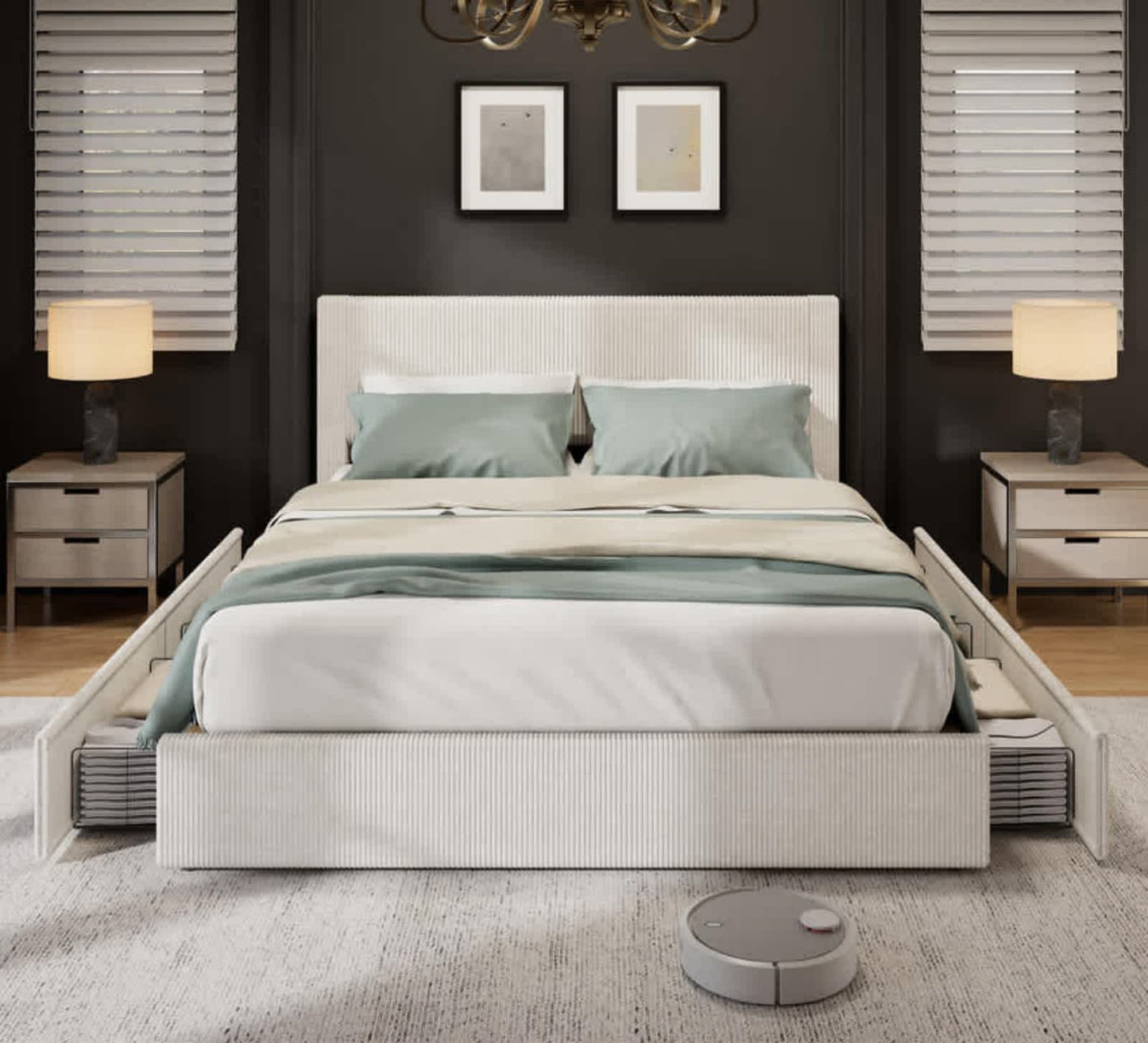 Qeetex King Beige Bed Frame with Tufted Wingback Headboard Platform Corduroy Upholstered Bed Frame with 4 Storage Drawers and Wooden Slats Support No Box Spring Needed