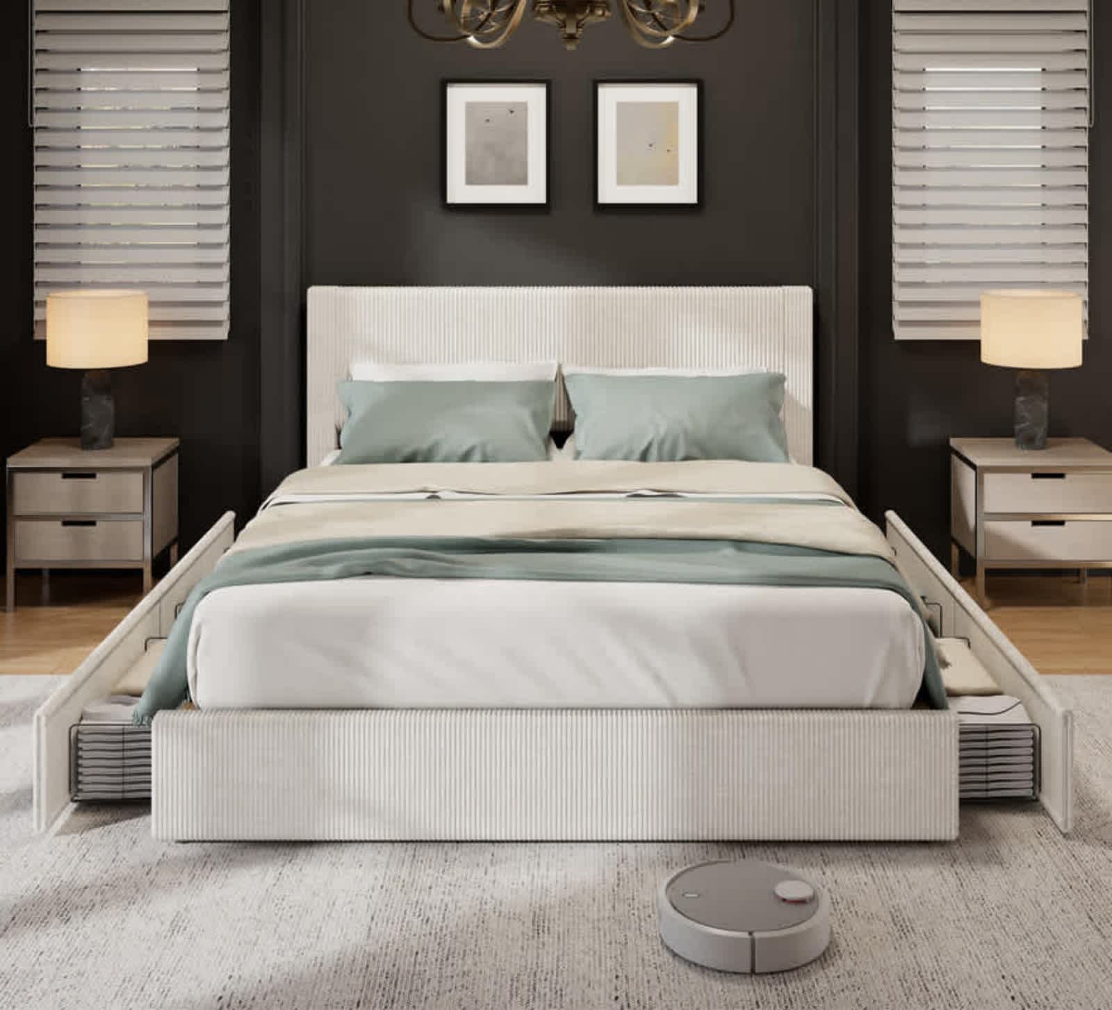 Qeetex King Beige Bed Frame with Tufted Wingback Headboard Platform Corduroy Upholstered Bed Frame with 4 Storage Drawers and Wooden Slats Support No Box Spring Needed