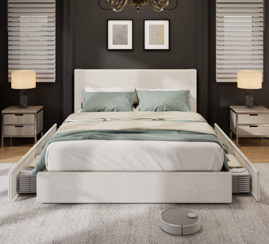 Qeetex King Beige Bed Frame with Tufted Wingback Headboard Platform Corduroy Upholstered Bed Frame with 4 Storage Drawers and Wooden Slats Support No Box Spring Needed